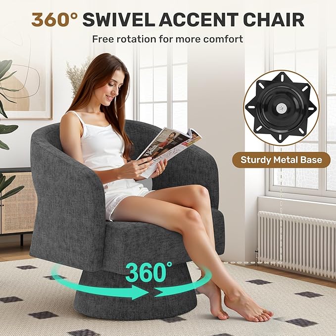 Swivel Accent Chair Set of 2, Modern Comfy Chenille Barrel Chairs, Oversized Upholstered Round Arm Chair for Living Room, Bedroom, Reading Room, Black