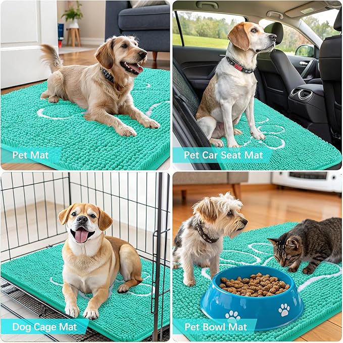 OLANLY Dog Door Mat for Muddy Paws 24x16, Paw Print Design, Absorbs Moisture and Dirt, Absorbent Non-Slip Washable Doormat, Quick Dry Chenille Mud Mat for Dogs, Entry Indoor Entryway Carpet, Teal