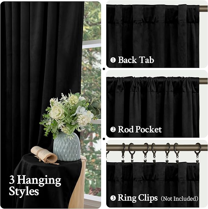 LAMIT Halloween Black Velvet Blackout Curtains for Bedroom, 96 Inch Thermal Room Darkening Panels Back Tab and Rod Pocket Privacy Protected Drapes for Living Room/Movie Theater, 2 Panels, 52 x 96 Inch