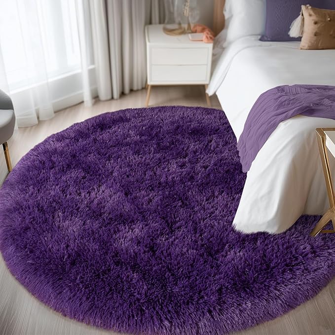 Round Purple Rug for Bedroom, 4 ft Circle Area Rugs for Living Room, Soft Fluffy Shag Carpet for Teen Girls Boys Nursery Room Dorm Home Decor Aesthetic