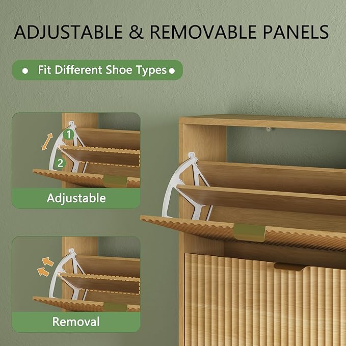 Shoe Cabinet with 2 Flip Drawers, 37" Tall Narrow Fluted Shoe Storage Organizer for Entryway, Hidden Slim Wooden Shoe Rack Cabinet for Front Door Entrance, Hallway, Living Room, Natural Oak