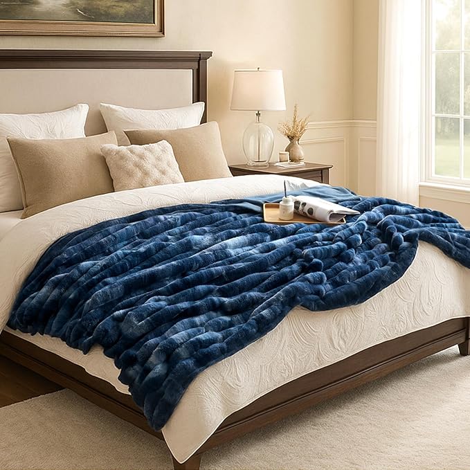 Cozy Bliss Faux Fur Throw Blanket for Couch, Cozy Warm Plush Striped Blanket for Sofa Bedroom Living Room, 50 * 60 Inches Tie-dye Blue