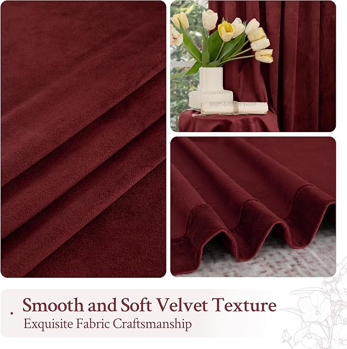 LAMIT Burgundy Red Velvet Curtains 120 Inch for Living Room, Vintage Thermal Blackout Panels Room Darkening Back Tab and Rod Pocket Christmas Decor Drapes for Bedroom/Theater, 2 Panels, 52 x 120 Inch