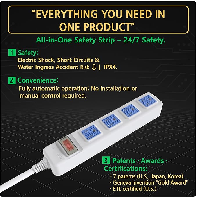 S.O.V Splashproof IPX4 Power Strip, Patented Zero-Current Auto Shut Off, ETL Listed, 4-Outlet Flat Plug, White, 10ft Cord