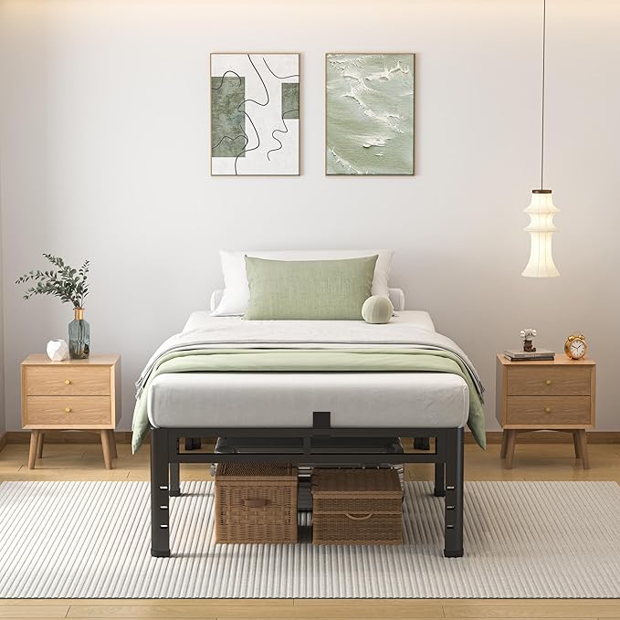 NKZ Twin XL Bed Frame 14 Inch, Metal Bed Frame & Box Spring 2 in 1 Platform with Round Corner Legs, 4000lbs Weight Capacity Reinforced Metal Frame, Headboard Hole, Noise-Free, Easy Assembly