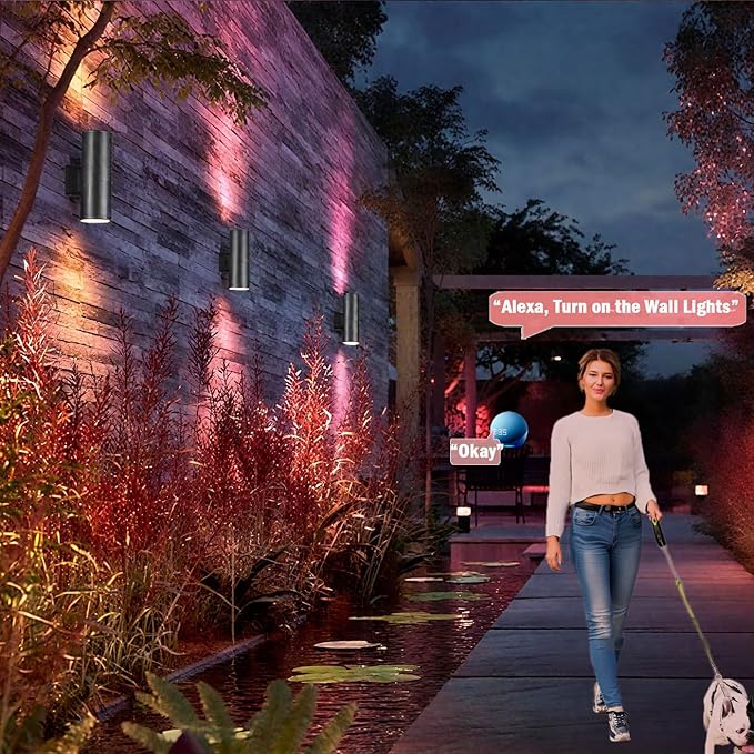 rosykite Exterior Double Up Down Outdoor Wall Lights,Mi.Light Remote Control RGB Color Changing 1000lm Warm White 3000k RGBW Cylinder Outdoor Wall Light,Smart LED Exterior Lighting (4 Pack)