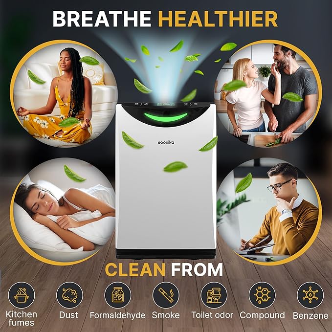 Econika Air Purifier and Humidifier Combo – HEPA Air Purifier with UV Light, Quiet for Bedroom and Living Room – Whole House Large Room Cleaner