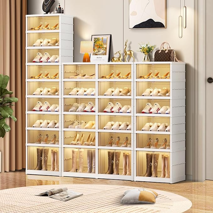 3-Tier Foldable Shoe Rack Organizer for Closet 12Pairs Plastic Shoe Shelf Collapsible Shoes Storage Box Clear Shoe Boxes Stackable with Door Easy Assembly Shoe Cabinet with Lids Large