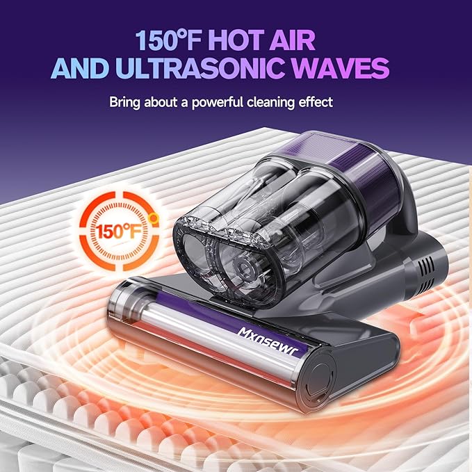Mxnsewr Mattress Vacuum Cleaner, Ultrasonic Bed Vacuum Cleaner with 18Kpa Strong Suction, 150°F Heat & 253.7nm UV-C Light, Intelligent Dual Cup, One-Click Dust Removal for Bed, Sofa, Pet Hair, Grey