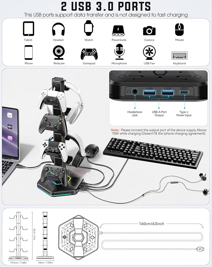 Kytok Headset And Controller RGB Stand for Xbox/ PS5/ PS4 Controller, Headphone & Remote Holder for Desk with 9 RGB Lights & 2 USB 3.0 Ports, Gaming Organizers & Storage Accessories for Gaming Gift