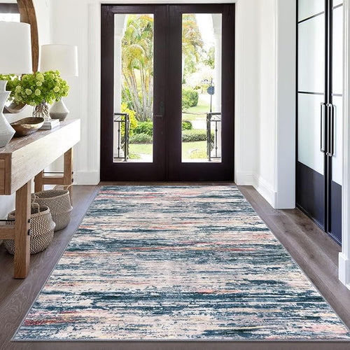 5x7 Modern Area Rug for Bedroom, Teal Blue Peach Gray Multi Large Teal Blue Peach Gray Multi Super Soft Rug with Non-Slip, Non-Shedding Rugs for Living Room, Indoor Door Mat for Home Décor