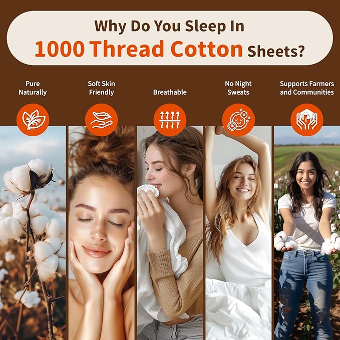 LBRO2M 100% Cotton Sheets Set Deep Pocket 24", 1000 Thread Count Queen Size 4 Piece Bed Sheet Sets Soft Comfortable Bedding All Season (Queen, White)