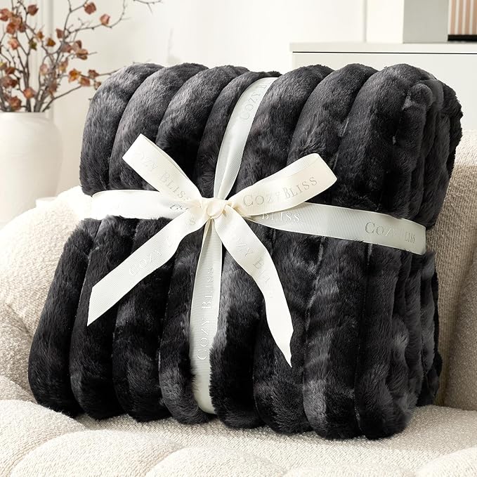 Cozy Bliss Faux Fur Throw Blanket for Couch, Cozy Warm Plush Striped Blanket for Sofa Bedroom Living Room, 90 * 90 Inches Tie-dye Black
