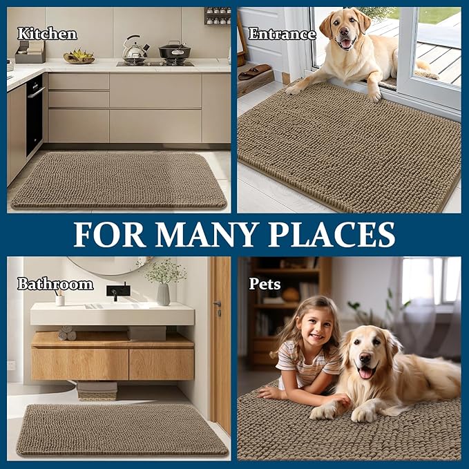 OLANLY Dog Door Mat for Muddy Paws 48x30, Absorbs Moisture and Dirt, Absorbent Non-Slip Washable Doormat, Quick Dry Chenille Mud Mat for Dogs, Entry Indoor Entryway Carpet for Inside Floor, Tan