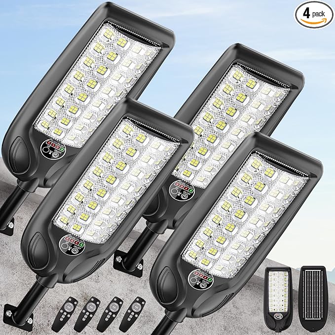 MMKT Solar Street Lights Outdoor, 3 Color Warm White LED Dusk to Dawn IP65 Waterproof Solar Flood Light with Motion Sensor and Remote Control for Outside Path, Yard, Garden, Walkway
