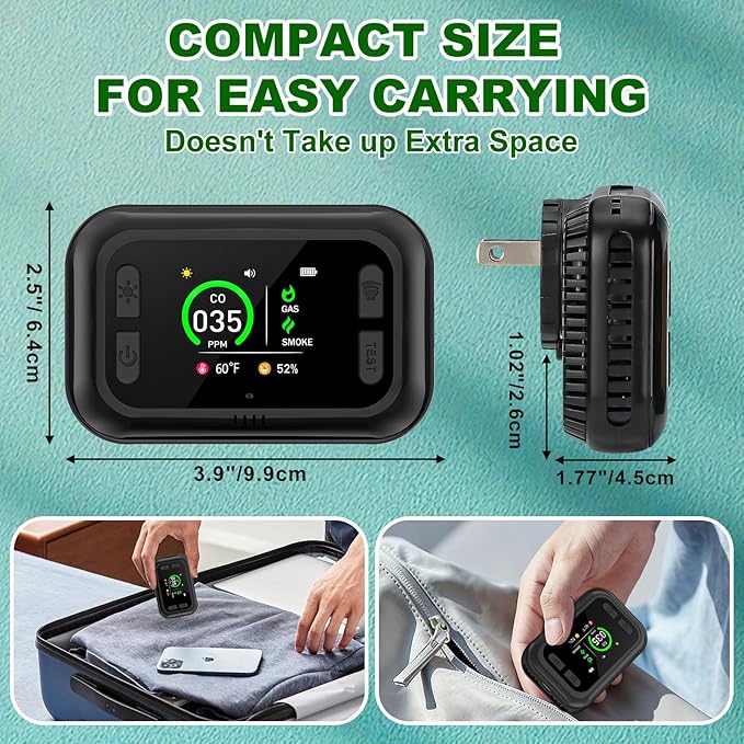 Carbon Monoxide Detector Plug in Wall, 5 in 1 Natural Gas Detector & Smoke Alarm with HD Digital Screen, Portable Smoke Detector for Travel, CO Propane Gas Detector for Home Hotel Camping RV (Black)