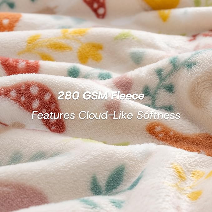 Luxury Printed Fleece Warm Blanket, Soft Lightweight Velvety Plush Throw for Couch and Bed, Cozy Comfy for All Seasons(Cream Various Mushrooms, 90×90 Inches)