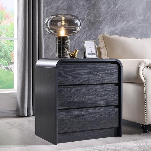 25" Tall Modern Nightstand Set of 2, 23.6" Wide Wood Bedside Table with Charging Station, 3 Storage Drawers Side Table w/Curved Profile Design, End Table for Bedroom, Black