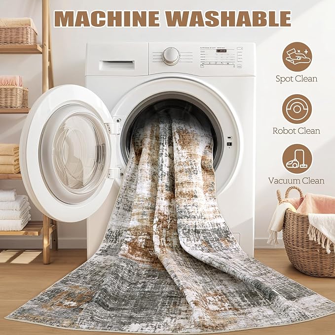 Washable Runner Rug for Hallway: 2.6x14 Neutral Modern Abstract Low Pile Area Rug with Non-Slip Backing - Carpet for Bedroom Kitchen Laundry Entryway Bathroom Indoor - Grey Brown
