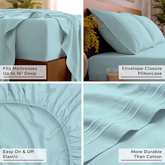 Mellanni Split King Sheet Set - 7-Piece Iconic Collection Bedding, (Including 4 Pillowcases), 16-Inch Deep Pocket, Easy Care, Extra Soft, Cooling Sheets, Brushed Microfiber - Aqua