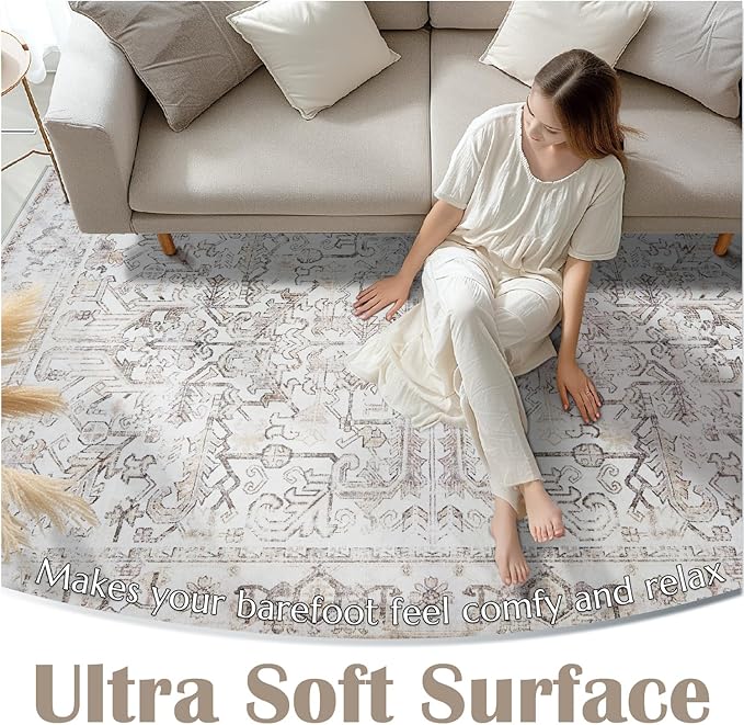 jinchan Lima 6x9 Area Rug for Living Room Washable Soft Throw Rug Ultra-Thin Stain Resistant Non-Slip Distressed Vintage Floral Large Carpet for Bedroom, Dining Room Home Office Nursery (6x9ft, Taupe)