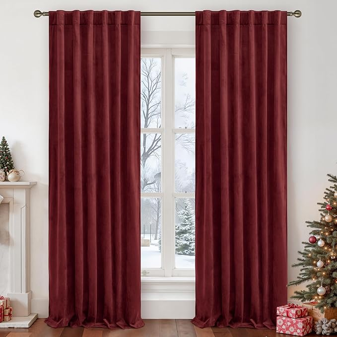 LAMIT Burgundy Red Velvet Curtains 120 Inch for Living Room, Vintage Thermal Blackout Panels Room Darkening Back Tab and Rod Pocket Christmas Decor Drapes for Bedroom/Theater, 2 Panels, 52 x 120 Inch