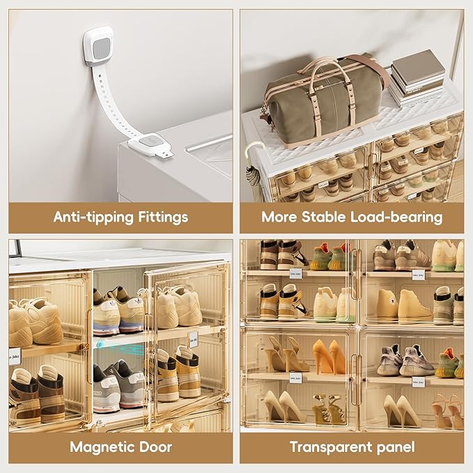JEKO&JEKO 8 Tiers Foldable Shoe Rack Organizer Cabinet for Closet Entryway, Large Collapsible Shoe Storage Box with Magnetic Doors Fits Up to 32 Pairs (White)