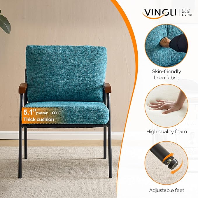 VINGLI Mid-Century Modern Accent Armchiars Set of 2 for Small Space, Small Comfy Upholstered Leisure Reading Chairs with Wood Armrests for Bedroom, Living Room, Waiting Room, Linen Teal