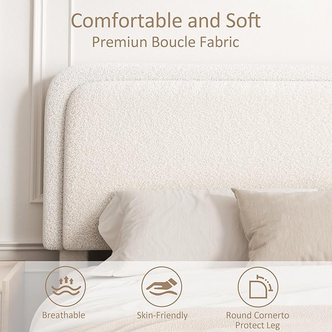 Full Size Boucle Bed Frame, Upholstered Cloud Platform Bed Frame with Headboard, Anti-Collision Soft Rounded Corners, No Box Spring Required, Easy Assembly, Noise Free, Adjustable Headboard