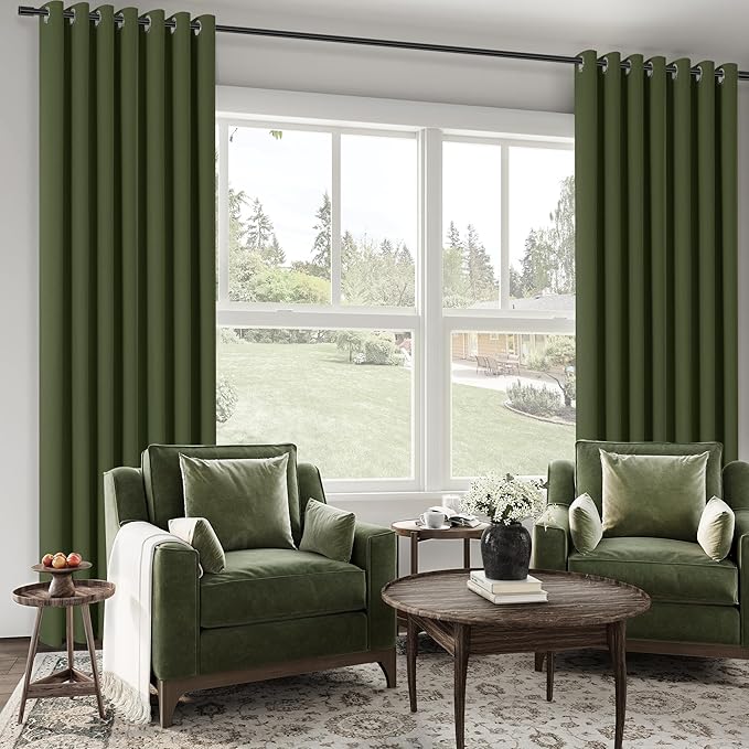 ChrisDowa 100% Blackout Olive Green Solid Curtains 90 Inches Long 2 Panels for Bedroom Living Room,Farmhouse Room Darkening Thermal Insulated Soundproof Grommet Top Window Treatment Drapes,52x90