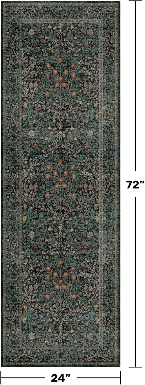 8ft Long Runners for Hallways Non Slip, 2'6" x 8' Floor Runner for Kitchen, Entryway Indoor, Washable Rubber Backing Stain Resistant - Vintage Floral Dark Green & Black Wide Décor