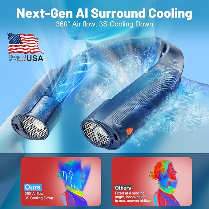 Slientspin AI Portable Neck Fan with 6 Powerful Speeds, 8000mAh Battery Operated USB-C Rechargeable Fan, Hands-Free 360° Cooling Neck Fan,Twistable,Ultra-Quiet Personal Fan Gift for Women Men(Blue)