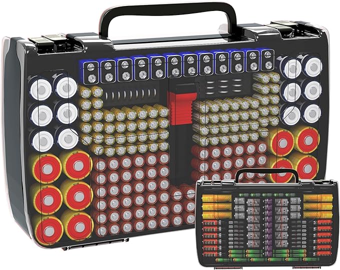 Aptbyte Battery Organizer Storage Holder Box Case with Tester- 269 Batteries Double-Sided Variety Pack, Holds AA AAA 4A C D Cell 9V 3V Lithium LR44 CR2 CR123 CR1632 18650 Button- Grey
