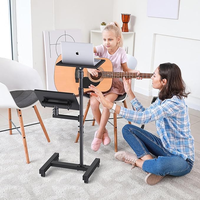 Facilife 2 Shelves Projector Stand Tripod, Height Adjustable Max 64", Mobile Laptop Cart on Wheels Projector Tripod Stand, Overbed Table with Wheels, Rolling Laptop Floor Stand for Couch