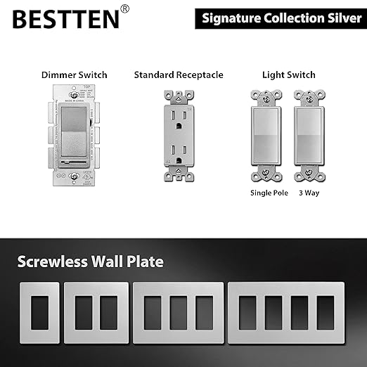 BESTTEN 10 Pack Matte Silver Dimmer Light Switch, Single Pole or 3-Way, Compatible with Dimmable LED, CFL, Incandescent and Halogen Bulb, LED Slide Dimmer Wall Switch, 120VAC, UL Listed