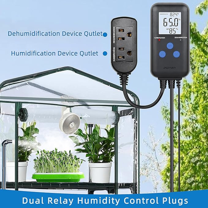 Digital Humidity Controller, Pre-Wired Humidity Controlled Dual Stage Outlets for Mushroom Growing, Reptile, Grow Tent, Humidifier/Dehumidifier