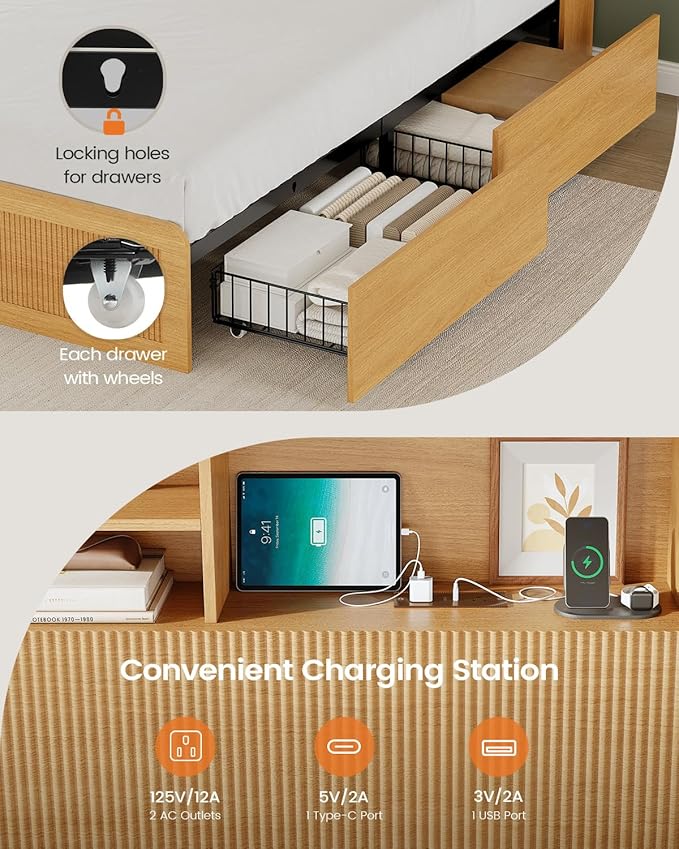 AOGLLATI Full Size Bed Frame with 4 Storage Drawers and Hidden Storage Headboard, Wood Led Fluted Bed Frame Full Size with Charging Station and Curved Profile Design, No Box Spring Needed, Wood