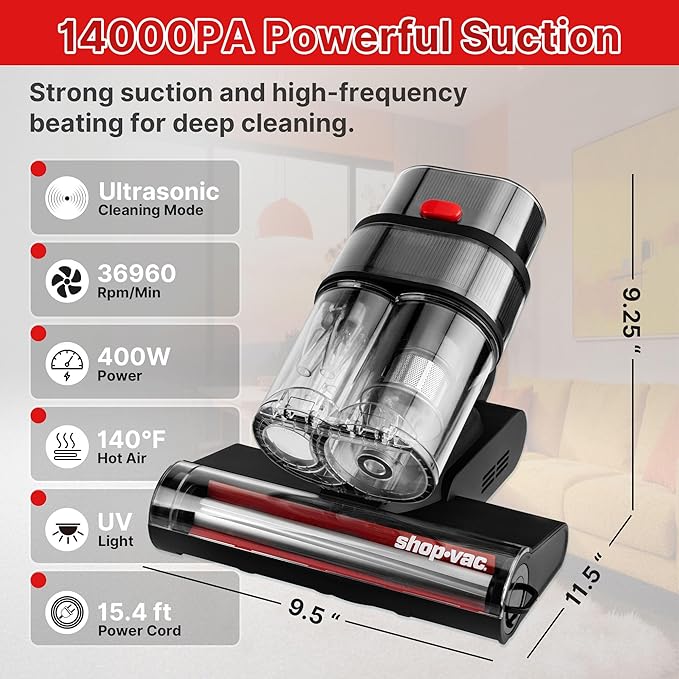 Shop-Vac Mattress Vacuum Cleaner, 14KPa Powerful Bed Vacuum with 253.7nm UV-C Light, 36960 RPM/Min Tapping, HEPA Filter & Ultrasonic, Dual Cup Filtration, for Bed, Sofa, Couch, 400W, 15.4 ft Corded