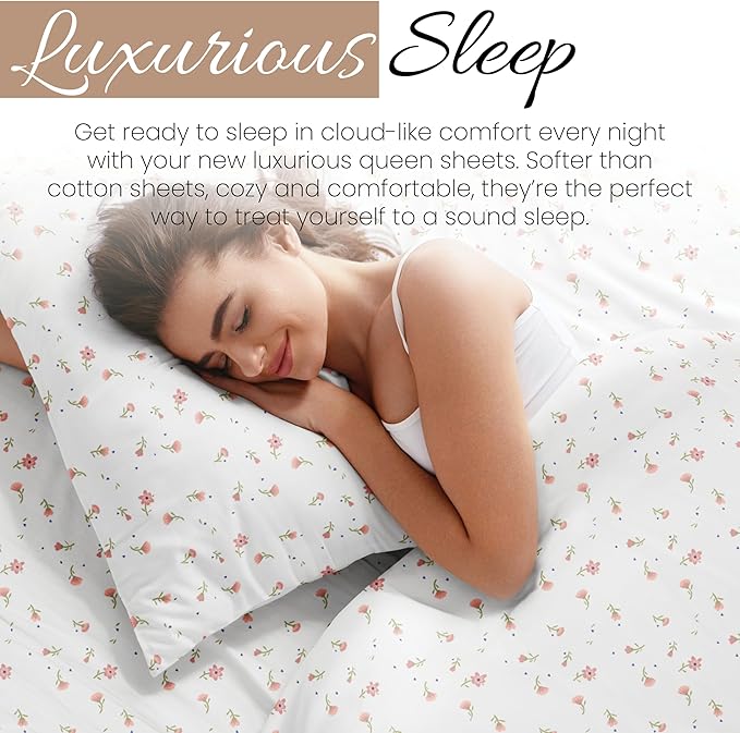 Linen Market 4 Piece Queen Sheet Set - Breathable, Double-Brushed Patterned Cooling Sheets – Oeko-TEX Certified Ultra Soft & Wrinkle-Free 16" Deep-Pocket Queen Sheets - Easy Care Soft Floral Pink