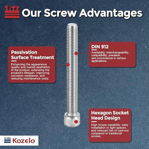 Kozelo 2pcs Socket Head Cap Screws - [M12-1.75 x 100mm] 304 Stainless Steel Allen Socket Drive for Electrical Motor 3D Printing Fan Engine Replacement Use, Silver