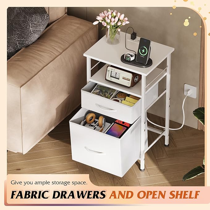 WLIVE Night Stand with Charger Station, White Nightstand with 2 Fabric Drawers, Bedside Table, Small Dresser for Bedroom, Side Table with USB Ports and Outlets