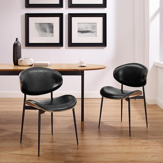 Art Leon Modern Faux Leather Dining Chairs, Set of 2, Mid Century Desk Chair No Wheels, Armless Accent Chair with Black Metal Legs, Black/Walnut