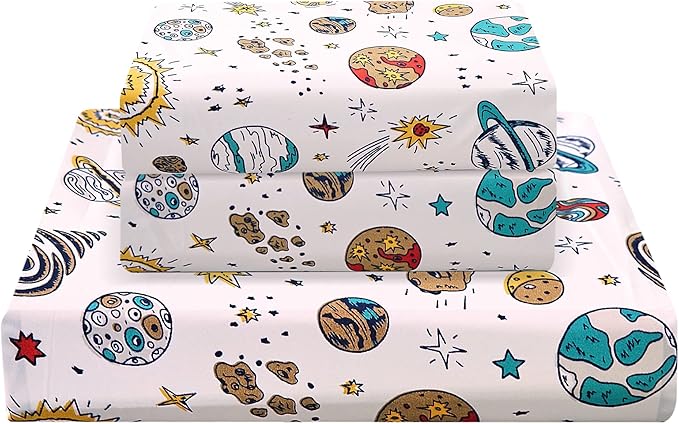 JSD Universe Planets Kids Sheet Set Full Size, 4 Piece Space Theme Microfiber Sheets Deep Pocket