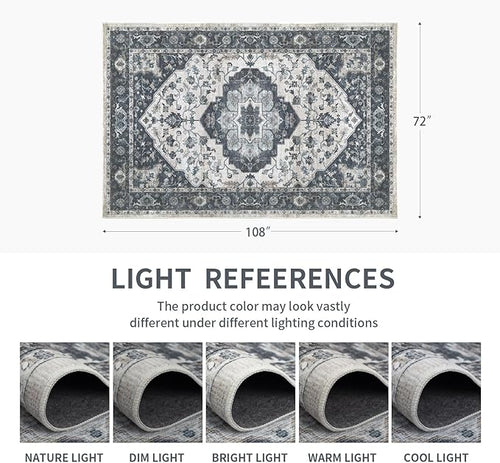 6x9 Vintage Washable Area Rug for Living Room,Low Pile Non Slip Carpet Non-Shedding Area Rug Soft Indoor Stain Resistant Rug Floral Print Mat for Bedroom Dining Room Blue Beige