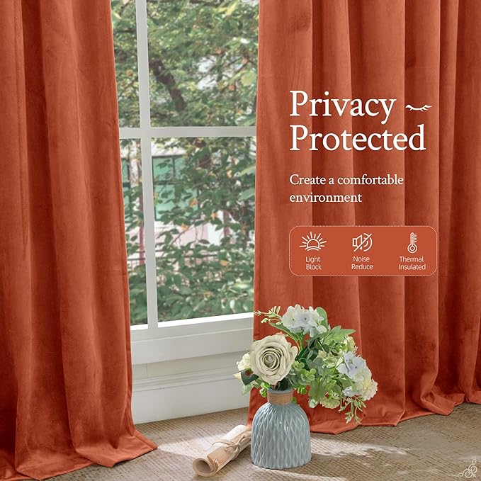 LAMIT Velvet Curtains 90 Inch for Living Room, Thermal Insulated Room Darkening Panels Rustic Vintage Noise Reducing Window Drapes with Back Tab and Rod Pocket, 2 Panels, Terracotta, 52 x 90 Inch