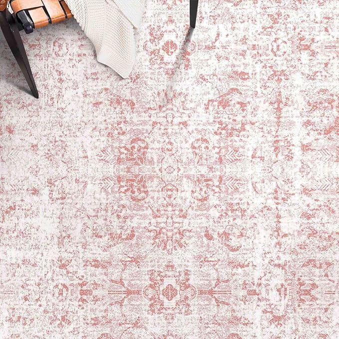 4x6 Rug, Small Area Rug for Living Room, Bedroom, Kitchen, Machine Washable Non-Slip Throw Rug, Vintage Distressed Floral Carpet for Entryway Nursery Dinner Room - Durable (Pink)