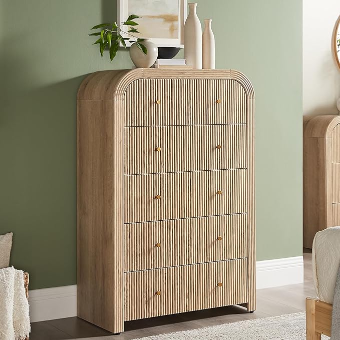 T4TREAM Fluted Dresser with 5 Drawers, 48" Tall Modern Chest of Drawers with Thickened Curved Profile Design, Wood Closet Clothes Storage Organizer for Bedroom, Living Room, Hallway, Natural Oak