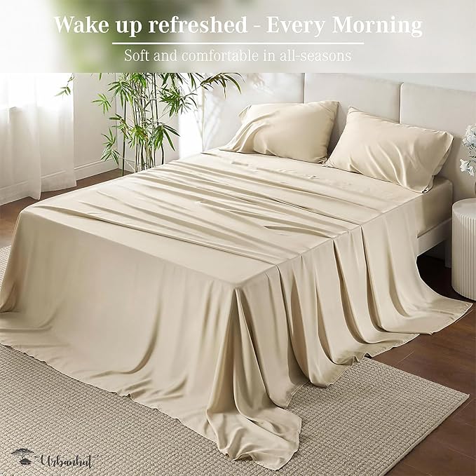 URBANHUT 800 Thread Count 100% Cotton Queen Size Sheets, Luxury 4 Piece Queen Bedsheets, Hotel Sheets Sateen Finish - Better Than Egyptian, 16" Elasticized Deep Pocket - Ivory