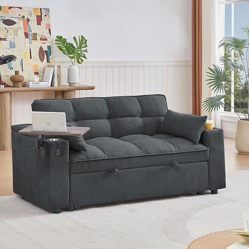 65'' Convertible Sleeper Sofa Bed with Adjustable Backrest, Chaise Lounge, Side Table & USB/Type-C Ports – Stylish & Functional Addition to Any Living Room (Drak Grey)