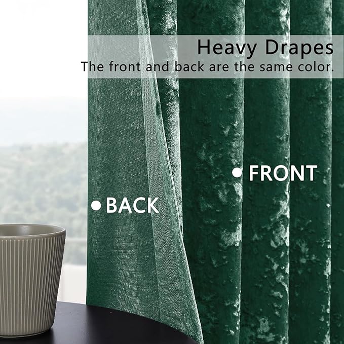 SMILETIME Forest Green Crushed Velvet Curtains 52x108 inch Luxurious Thermal Insulated Soundproof Drapes for Living Room Bedroom Office Soft and Durable Light-Filtering Window Treatments, 2 Panels